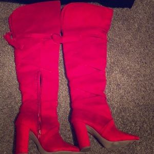 Red over the knee slightly high heel boots!